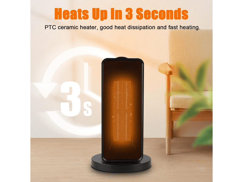  Chauffage électrique portable 1200 w ptc avec thermostat, balançoire à 90 °, 3 modes, protection de sécurité, noir  - Conforama B