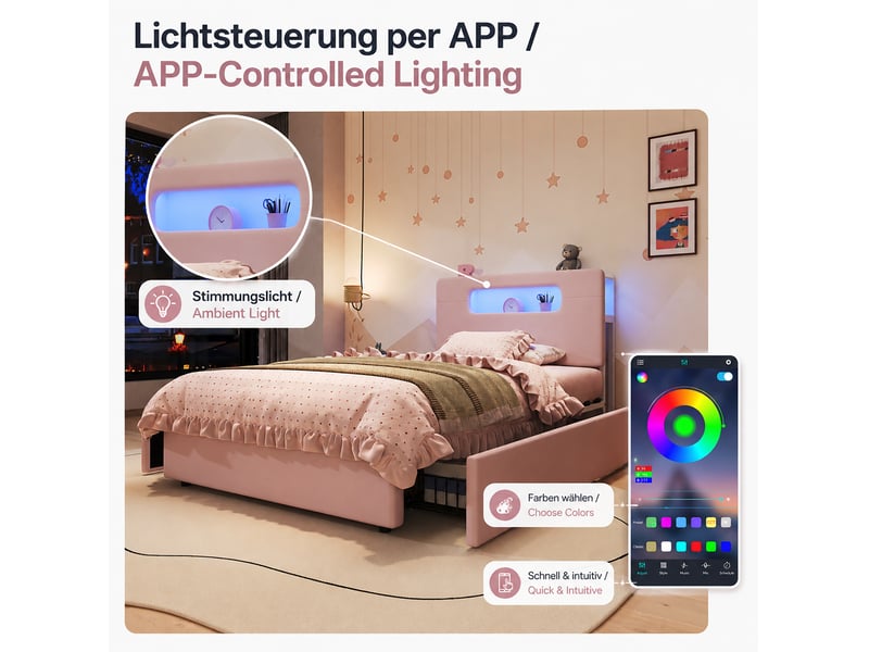 Lit simple enfant 90x200 cm – rose – 4 tiroirs, rangement tête de lit et led contrôlée par application - sans matelas - Conforama E
