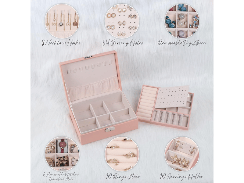 Boîte à bijoux pour femme, coffret à bijoux en cuir verrouillable de 2 couches organisateur à bijoux, petit jewelry stockage cas rangement(rose) - Conforama C