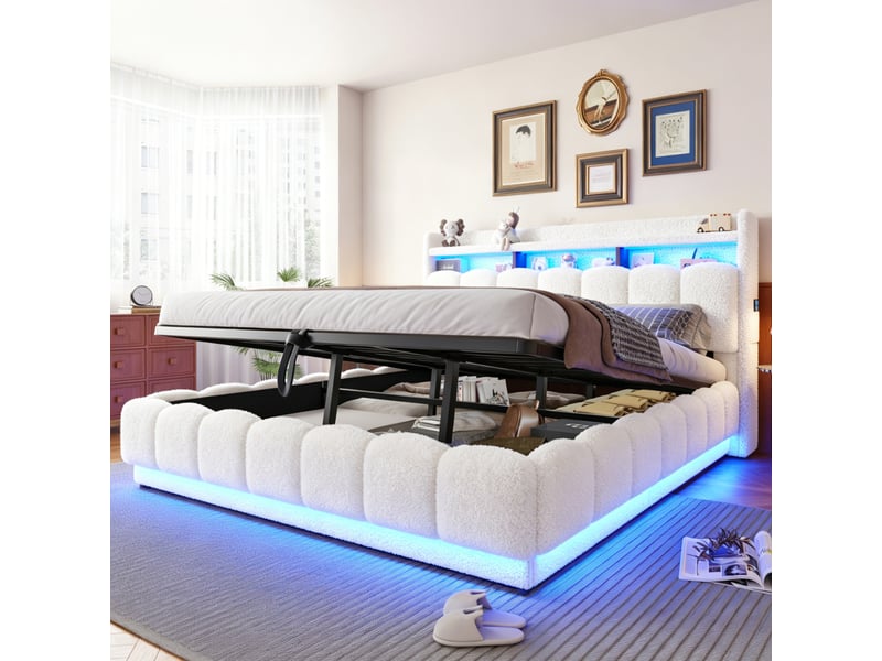  Lit coffre rembourré en tissu bouclé 180x200 cm avec rangement hydraulique, led, ports usb et prise, sommier à lattes métalliques, blanc  - Conforama C