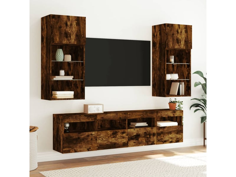Lot de 2 meuble tv mural avec lumières led chêne fumé 40x30x40 cm - Conforama E