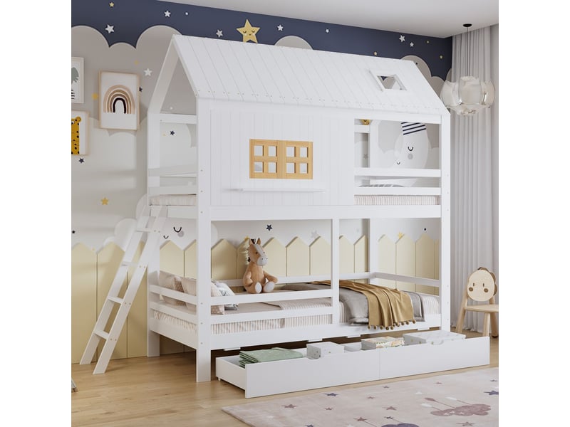  Lit superposé90x200cm - maison avec toit et fenêtre, 2 grands tiroirs - lit superposé enfant - bois de pin massif, design scandinave  - Conforama A