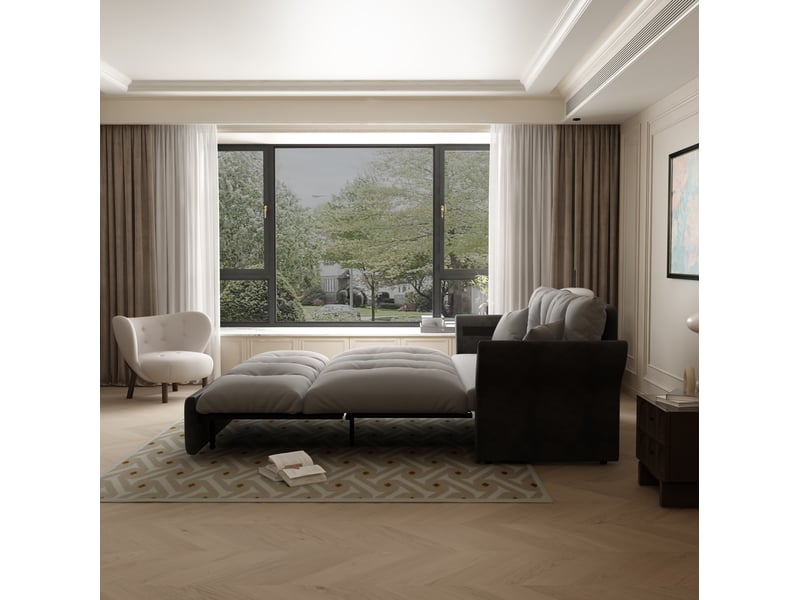 Canapé droit convertible 3-en-1 2 places en velours gris clair, couchage 154 × 203 cm, idéal pour vos invités - Conforama E