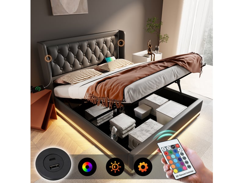  Lit coffre adulte 180x200 cm – noir – usb et usb type-c, led 3 côtés, sommier à lattes - sans matelas  - Conforama E