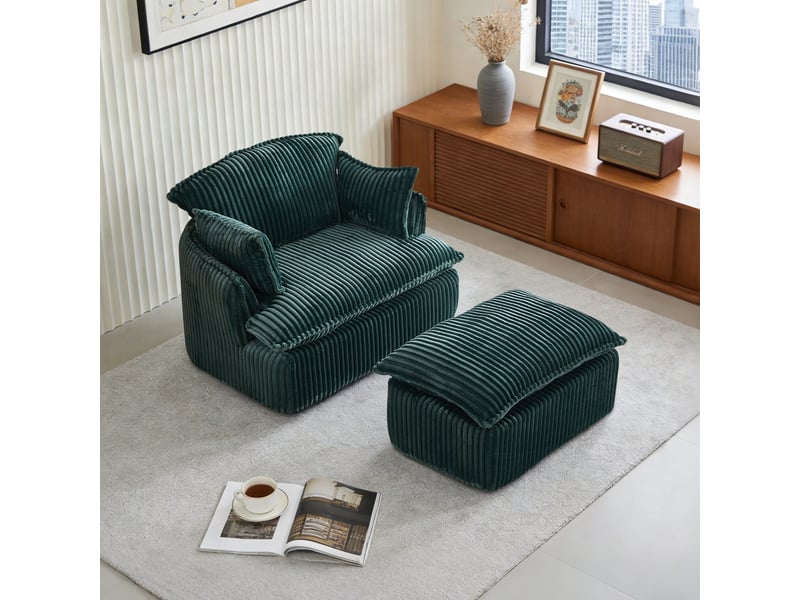 Fauteuil compresse vert avec repose-pieds intégré et rangement, canapé compact salon moderne coussin jetable inclus - Conforama B