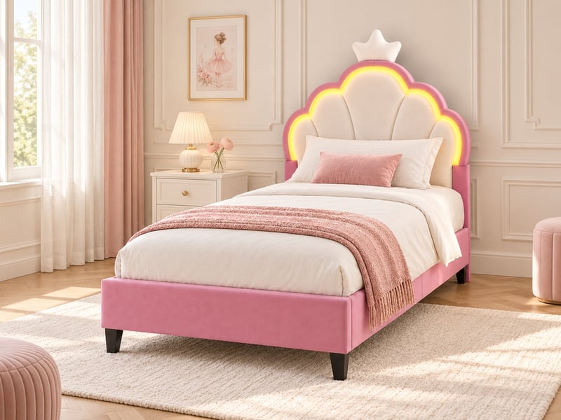  Lit enfant fille 90x200 cm en velours, lit simple rembourré avec led, lit princesse avec tête de lit réglable, décoration couronne et sommier à lattes, design rembourré moderne, rose  - Conforama B