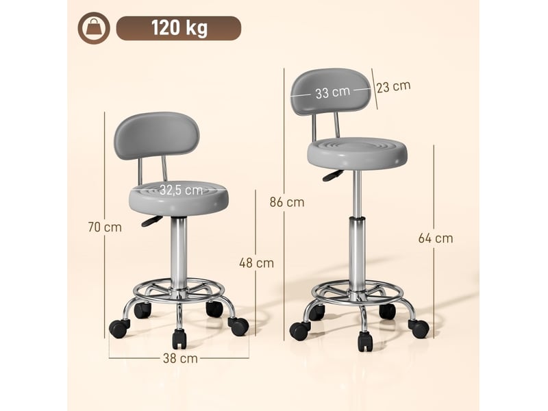  Tabouret roulant pivotant réglable avec dossier, revêtement en cuir synthétique, repose-pieds, pour table de maquillage, gris  - Conforama B