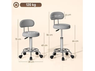 Tabouret roulant pivotant réglable avec dossier, revêtement en cuir synthétique, repose-pieds, pour table de maquillage, gris