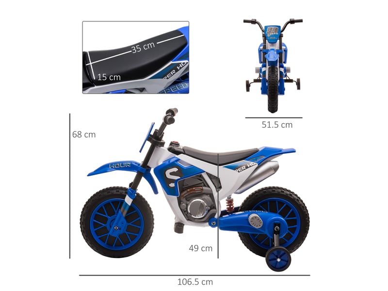  Moto électrique tout-terrain pour enfants de 3 à 5 ans, avec batterie rechargeable 12 v et stabilisateurs amovibles, 106,5 x 51,5 x 68 cm, bleue  - Conforama E