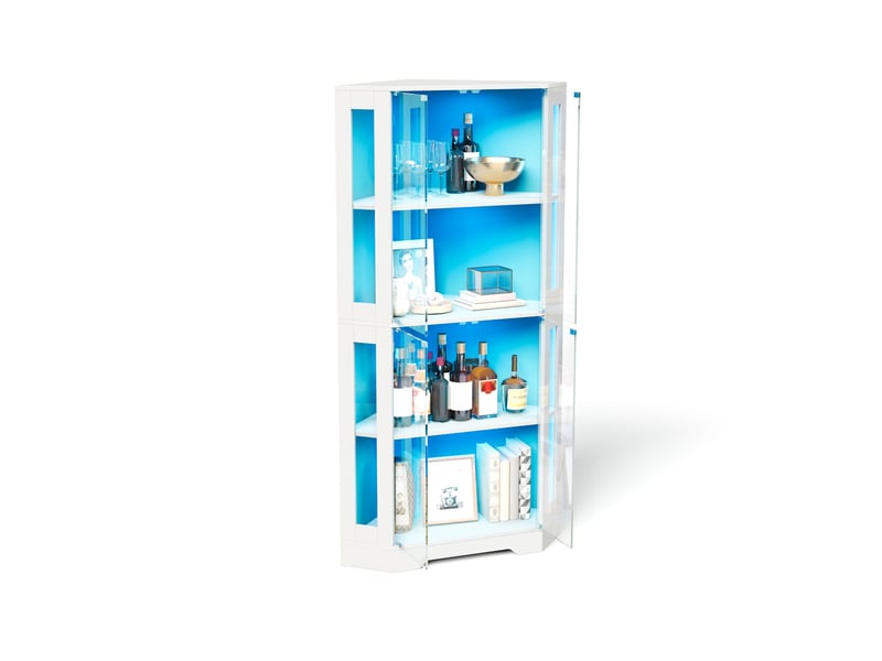  Vitrine d’angle 165 cm avec led, prise, porte-bouteilles et étagères en verre  - Conforama E