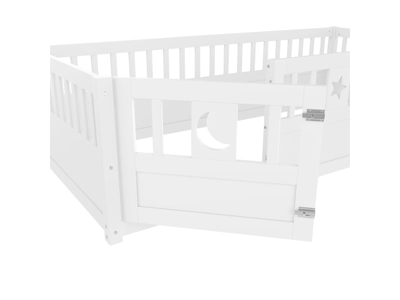  Lit enfant 90 x 190 cm avec barrières, portillon verrouillable et décor étoiles et lune, sans sommier à lattes, pin et contreplaqué, blanc Fay Lum - Conforama E