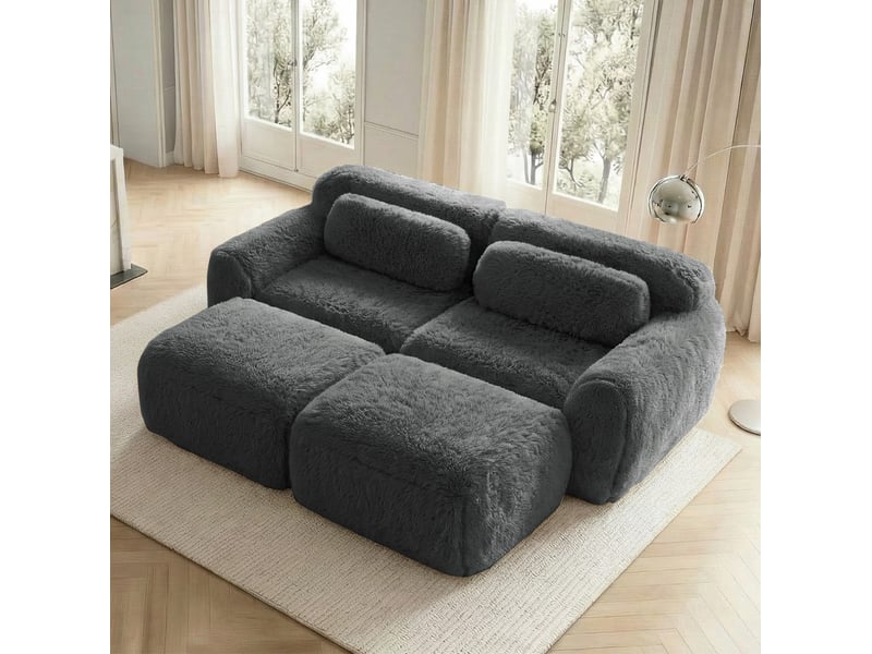  Canapé modulaire 2 places avec fonction couchage, 2 poufs, sans montage, en tissu pelucheux gris, 204 × 179 × 73 cm  - Conforama B