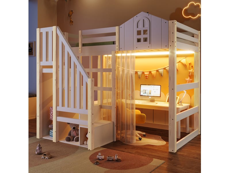  Lit mezzanine 90x200 cm avec led, forme fenêtre, échelle de rangement, bois et mdf, blanc et naturel sans matelas  - Conforama E