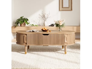 Table basse relevable ovale 110x48x57 cm – naturel – plateau hydraulique et rangement coulissant discret