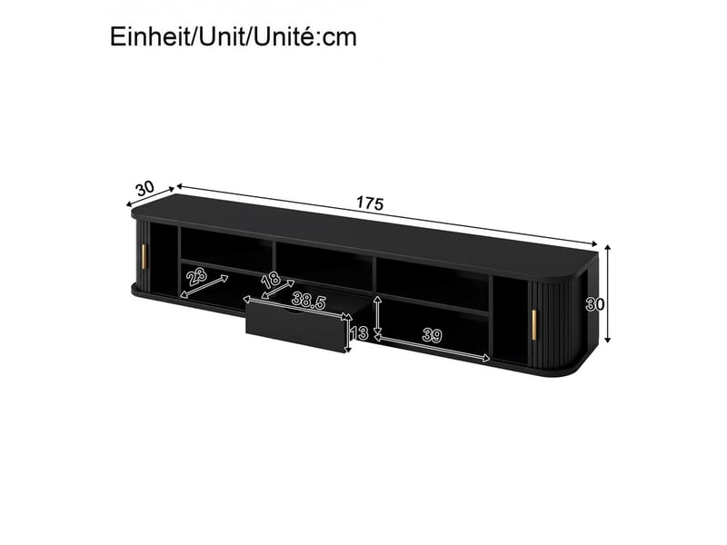  Meuble tv mural, 175 x 30 x 30 cm, design à cannelures verticales, éclairage led en partie basse contrôlable via application, noir  - Conforama C