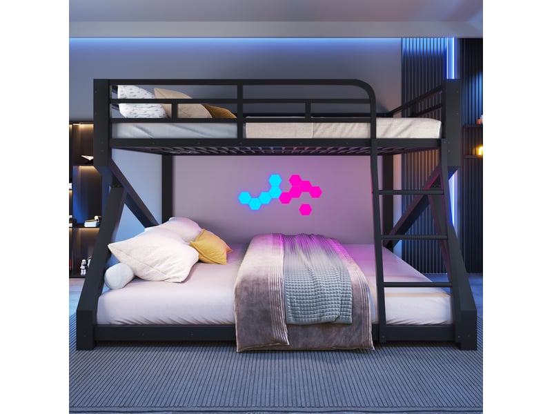  Lit superposé 2 couchages 140x200 et 160x200 cm noir en métal, led, garde-corps, échelle intégrée, structure verticale compacte hauteur 146 cm  - Conforama C