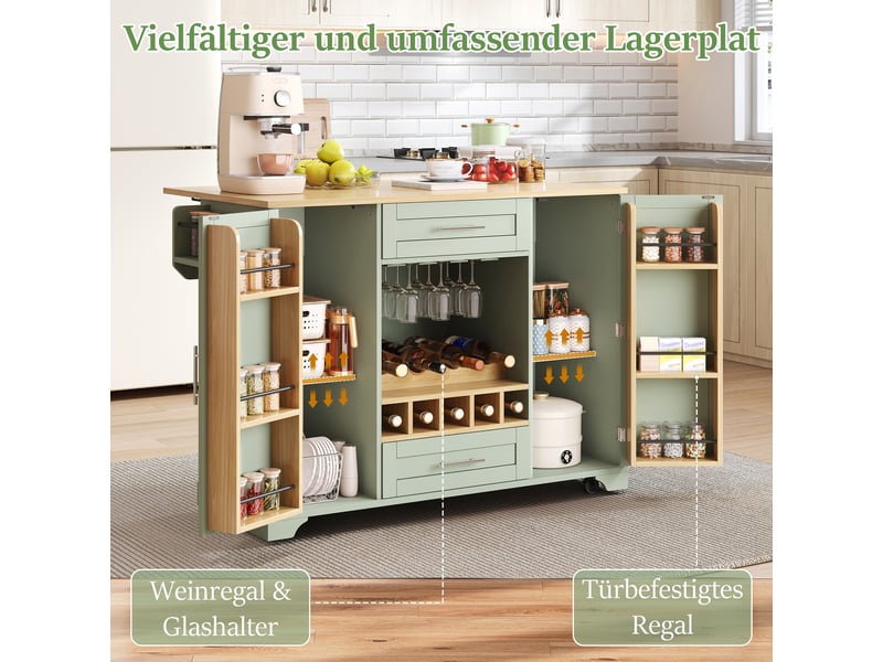  Desserte îlot de cuisine sur roulettes avec plateau rabattable mdf vert  - Conforama D