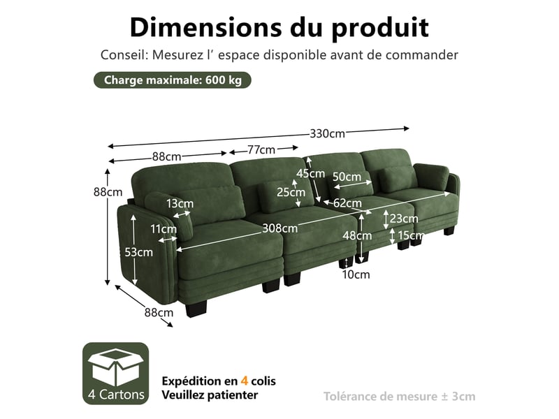 Canapé droit modulable 330 cm 4 places avec coussins d’accoudoir amovibles, coussins lombaires épais à soutien renforcé, chenille, vert - Conforama D