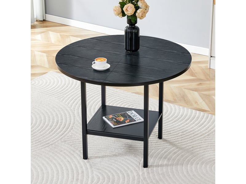  Table basse - table de salle à manger ronde moderne, finition bois noir et structure en métal noir avec étagère de rangement  - Conforama B