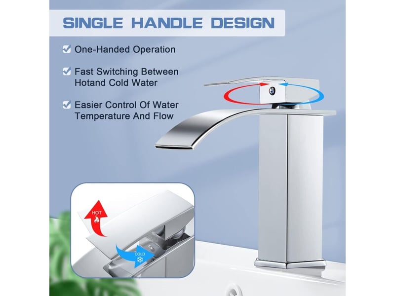  Robinet lavabo cascade, mise à niveau moderne mitigeur salle de bain, robinetterie grand bec carré en laiton, eau chaude et froide disponible, argent  - Conforama D