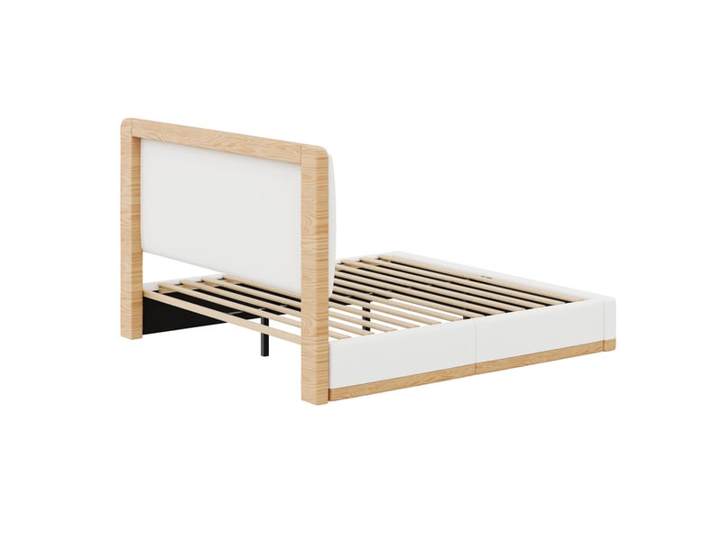  Lit double rembourré 180x200 - lit adulte avec tête de lit rembourrée - mdf+pu - tissu teddy - blanc+naturel (sans matelas)  - Conforama W
