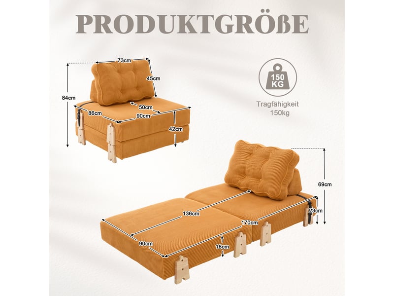  Fauteuil convertible lit single design scandinave cord orange structure bois clair 90x86x84 cm  - Conforama C