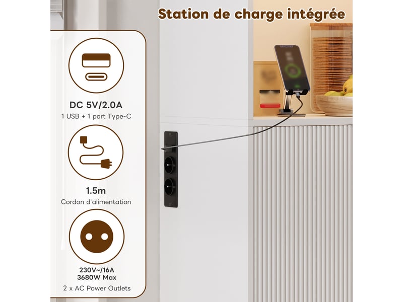 Armoire de cuisine moderne 180cm meuble de rangement avec led prises usb tiroirs et cave à vin armoire salle à manger - Conforama E