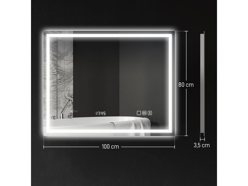  Miroir salle de bain led bluetooth 80 x 100 cm interrupteur tactile lumière réglable 3 couleurs anti-buée mémoire argent  - Conforama E