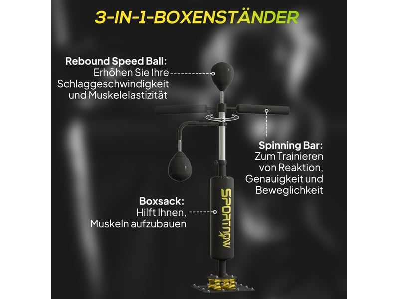 Station de boxe réglable en acier noir avec 2 speedballs et barre rotative, pour entraînement complet à domicile - Conforama B