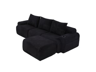 Canapé modulable velours côtelé 3 places noir avec porte-gobelet et poche latérale - 268x174x80cm