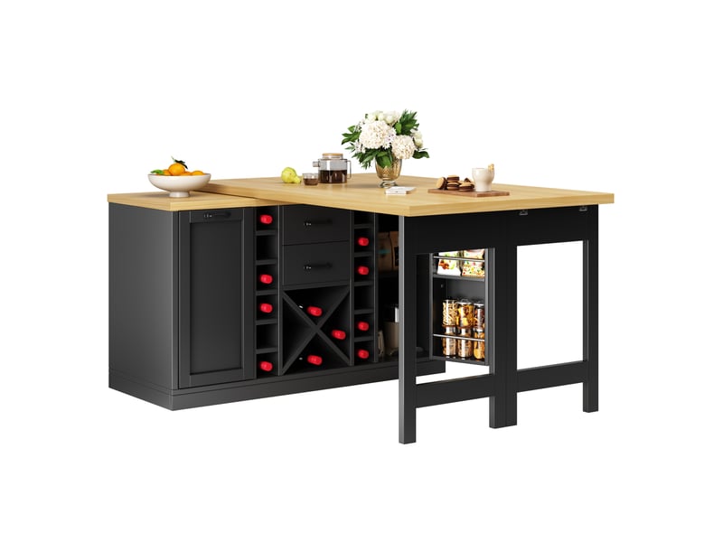  Îlot de cuisine rotatif 360° 120-223 x 40 x 73,8 cm – noir – rangements et porte-bouteilles amovible  - Conforama A