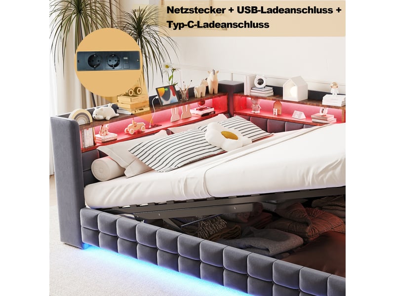  Lit capitonné 140x200 cm gris, led, prises usb type-c, coffre hydraulique et étagère  - Conforama D