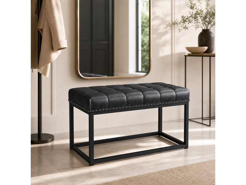  Banc 90x46x52 cm en similicuir noir, style vintage, structure métal  - Conforama E