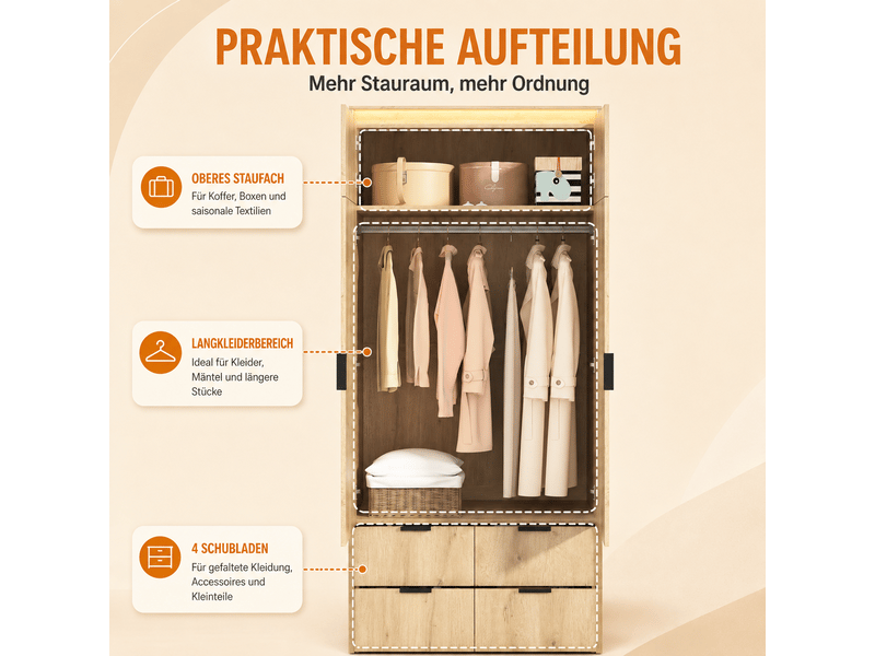  Armoire de chambre 2 portes avec miroir et led - 4 tiroirs, penderie - 90 x 47 x 200 cm  - Conforama R
