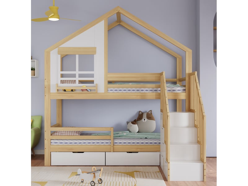  Lit superposé enfant 90x200 cm avec escalier de rangement et tiroirs, blanc naturel  - Conforama B
