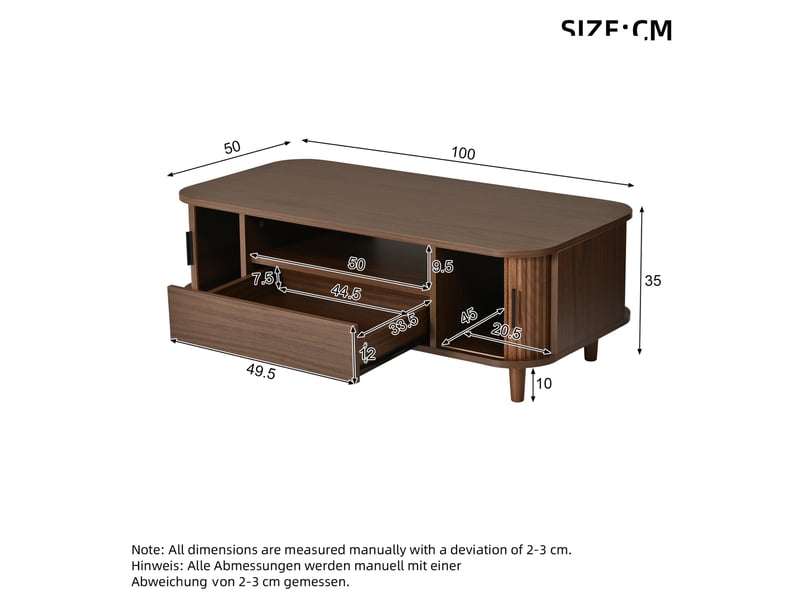  Table basse avec 1 tiroir, 2 portes à rideau et 1 niche ouverte, pieds en bois, finition noyer pour salon  - Conforama C