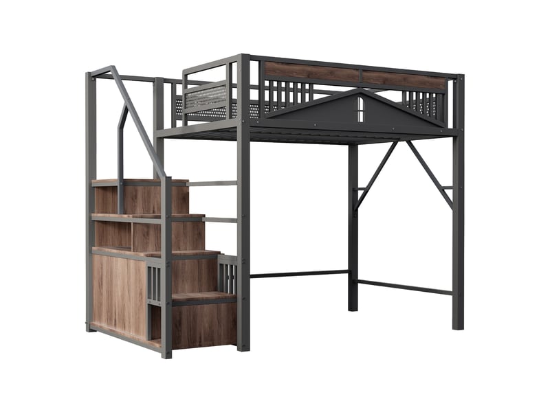  Lit mezzanine noir 140x200cm avec escalier rangement, fenêtre, structure robuste, confort durable - fer et mdf - pour enfant ado  - Conforama D