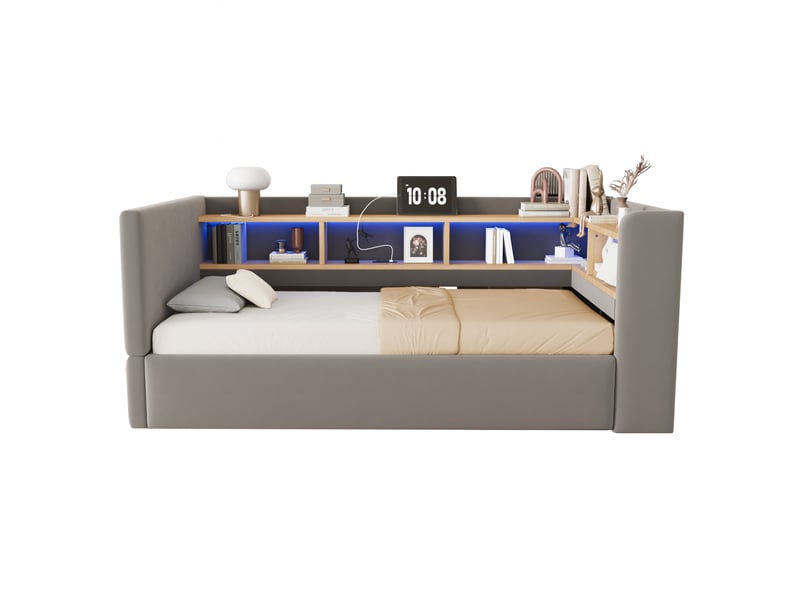  Lit banquette coffre 90x190 cm avec led et prises, canapé lit avec nombreux rangements, gris foncé evarich - Conforama A