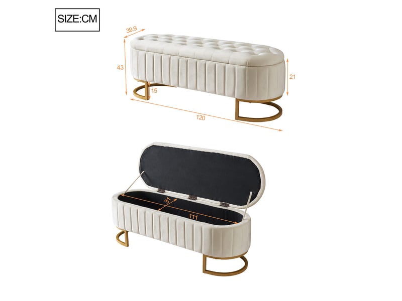  Banquette coffre de rangement 120x39,9x43 cm, repose-pieds et banc de lit, pieds en métal, pour salon et chambre, beige  - Conforama C