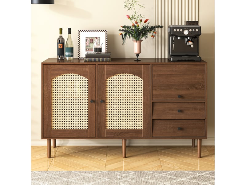  Buffet style campagne avec portes en rotin – 130 x 40 x 75,5 cm – rangement réglable, finition bois  - Conforama B