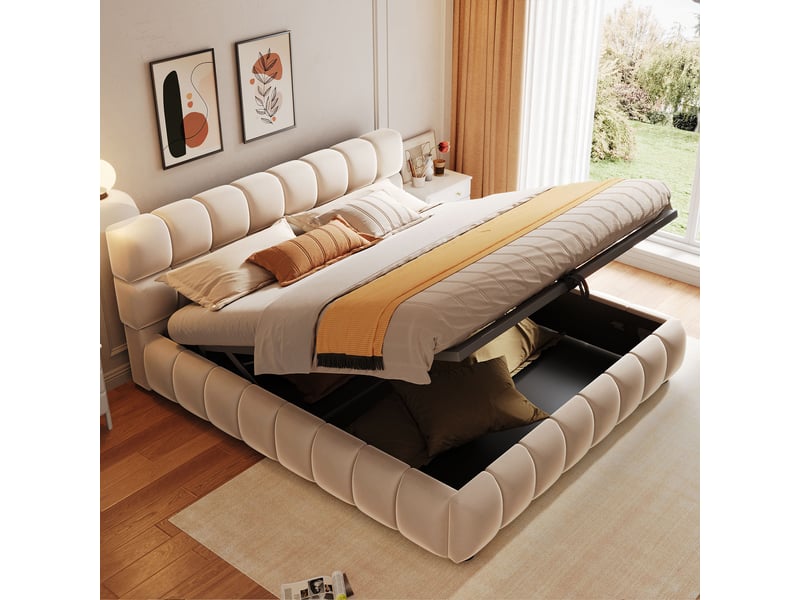  Lit coffre 140 × 200 cm 2 places avec rangement hydraulique et tête rembourrée, sans matelas, velours beige  - Conforama B