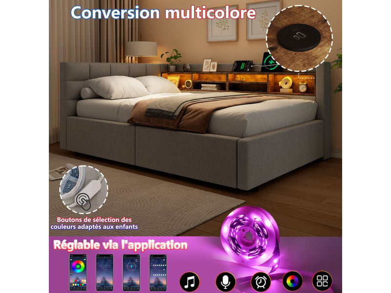 Lit banquette 90x200 cm avec coffre hydraulique-led dimmable et prise usb-tête de lit avec étagères-sommier à lattes-gris - Conforama E