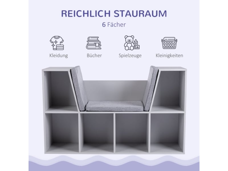  Banc coffre enfant gris, bibliothèque 6 compartiments, 3 coussins, rangement jouets, 103x30x62 cm, dès 3 ans  - Conforama D