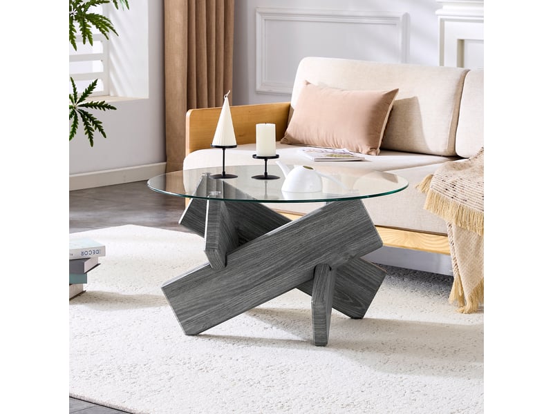 Table basse ronde en verre avec piètement croisé en mdf pour salon diamètre 79 cm h 45 cm gris transparent - Conforama C
