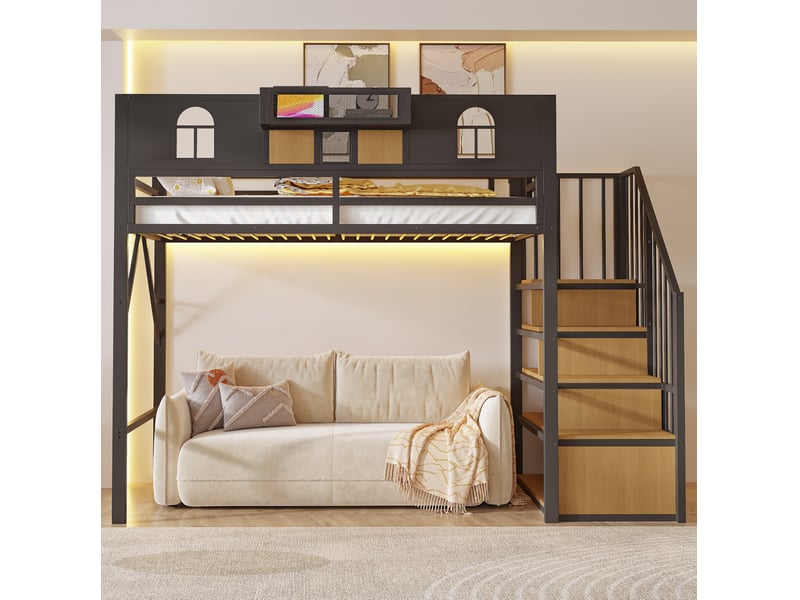  Lit mezzanine modenvie 90 x 200 cm en métal noir avec échelle de rangement, barre lumineuse et espace de rangement  - Conforama D