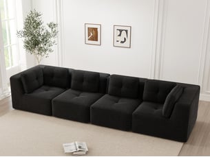 Canapé modulable 4 places, avec 4 coussins moelleux, antidérapant, sans montage, 386x104x69cm, noir velours côtelé