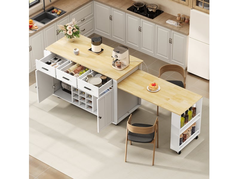  Îlot de cuisine mobile 223x50x93 cm blanc et naturel avec plan extensible  - Conforama E