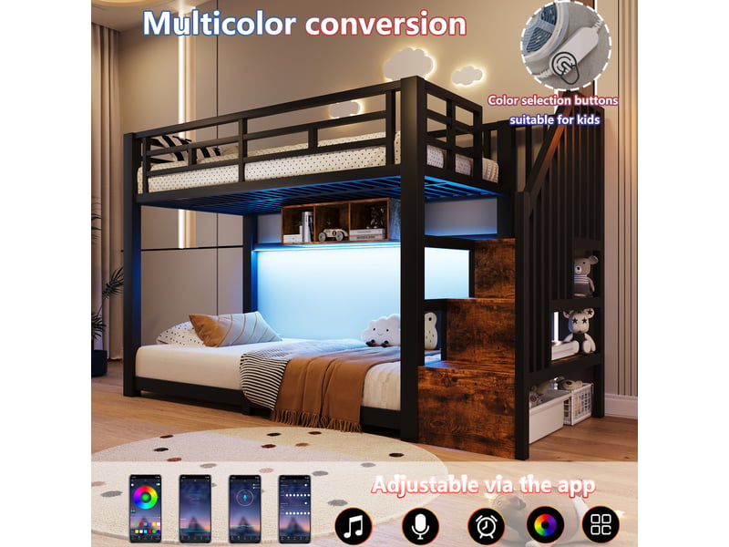 Lit mezzanine enfant 90x200 cm en métal noir avec led, escalier rangement, garde-corps de sécurité et 3 espaces de rangement Morn Vibe - Conforama E