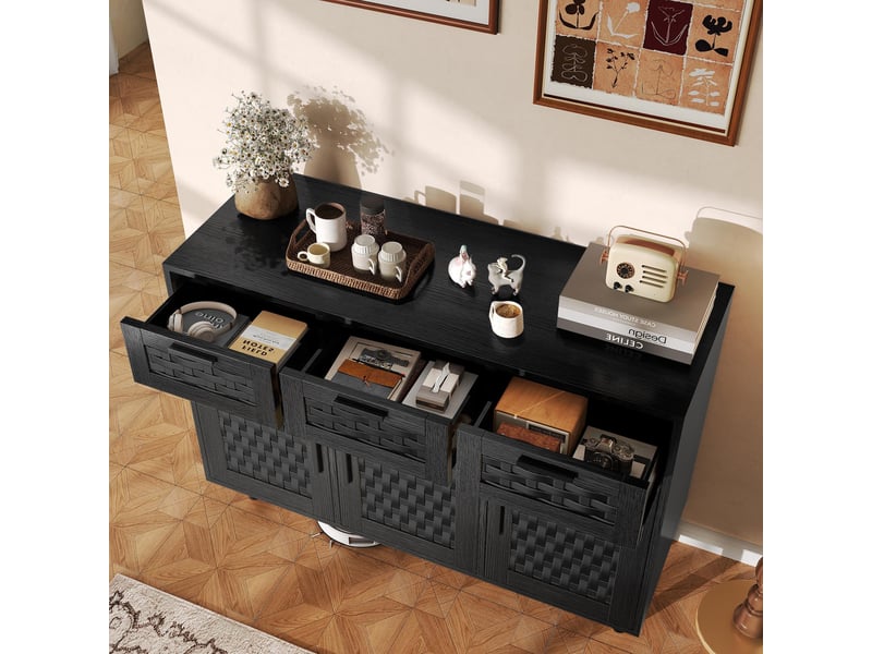  Buffet de rangement avec 3 tiroirs et 3 portes - 107.9x40x80cm - meuble bahut style rotin synthétique - noir aspect bois texturé  - Conforama D