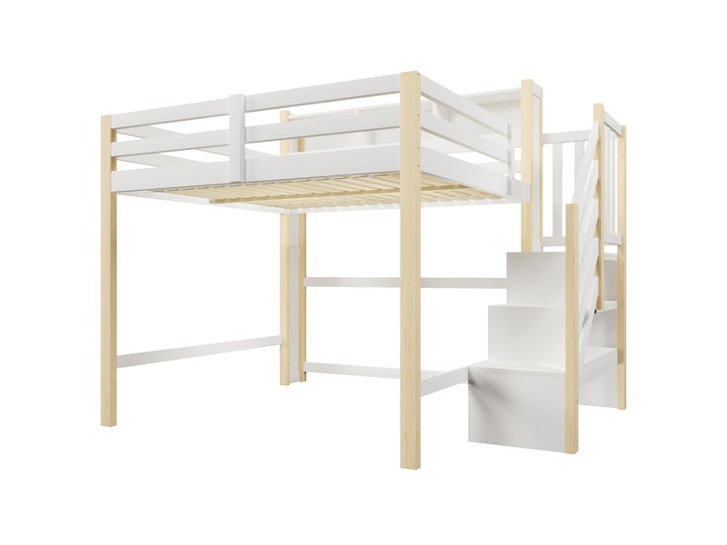  Lit mezzanine blanc et naturel 140x200 cm, led, espace inférieur et escalier-rangement  - Conforama D